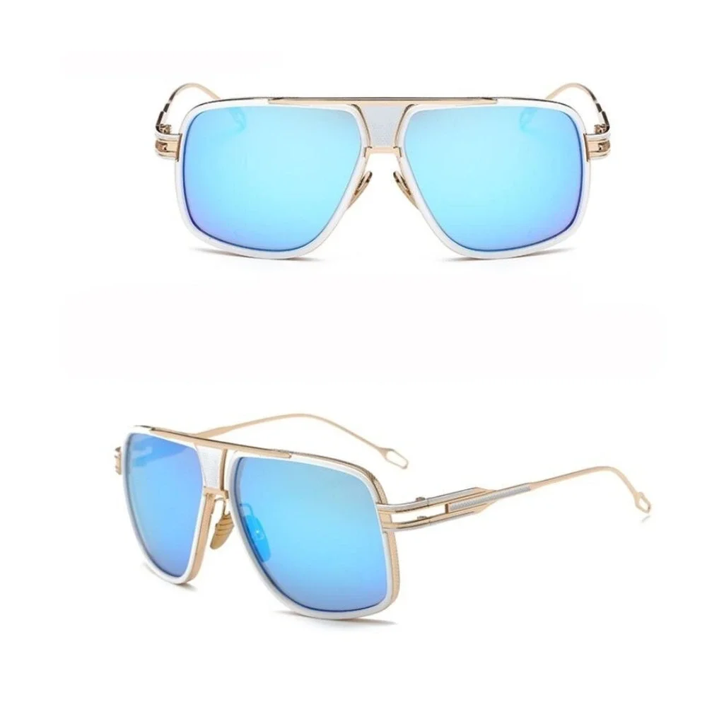Aviator Sunglasses Blue Mirrored Lens Gold White Frame Square Fashion Lentes New